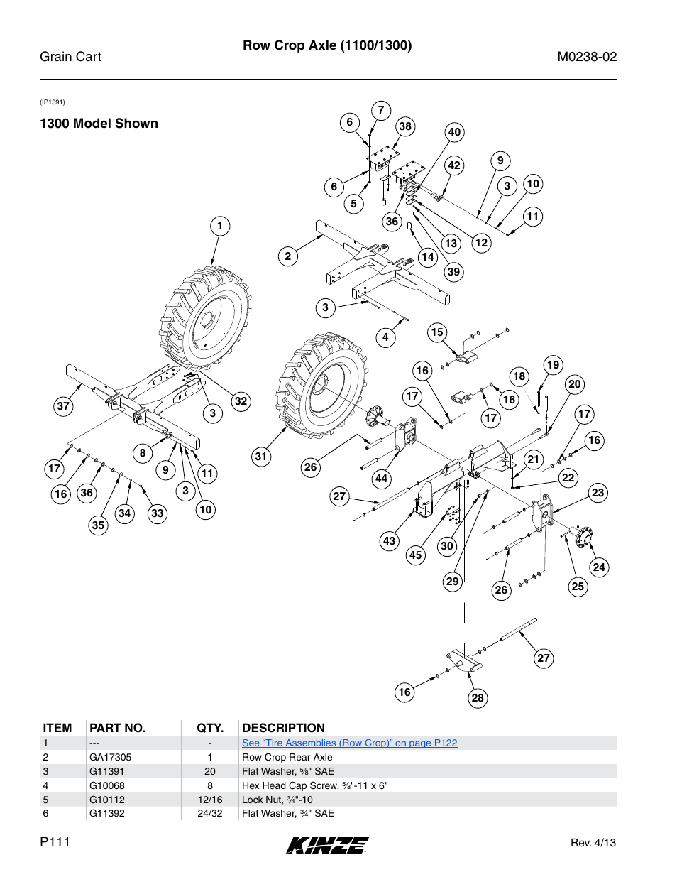 Row crop axle (1100/1300) | Kinze Grain Carts Rev. 4/14 User Manual | Page 114 / 176