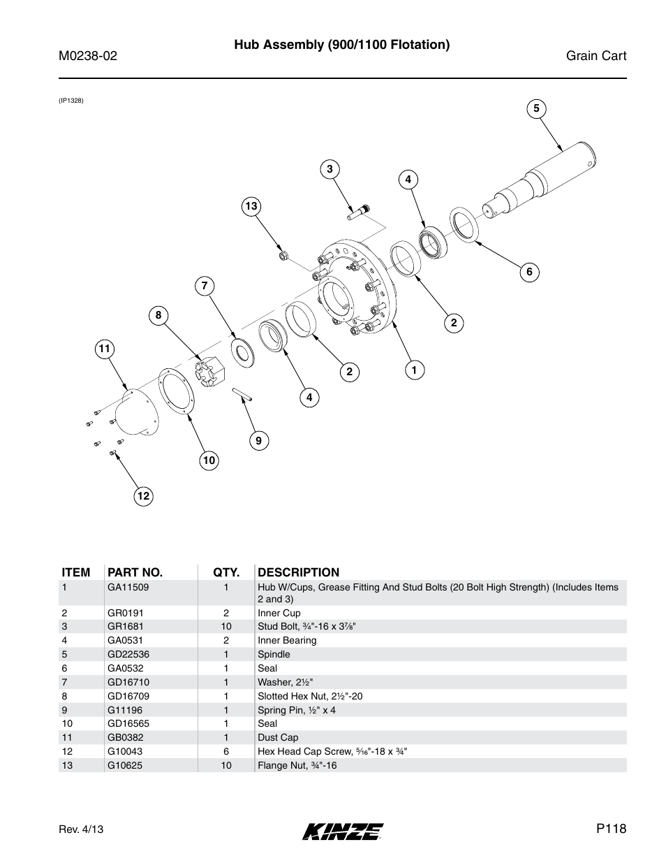Hub assembly (900/1100 flotation), P118 | Kinze Grain Carts Rev. 4/14 User Manual | Page 121 / 176