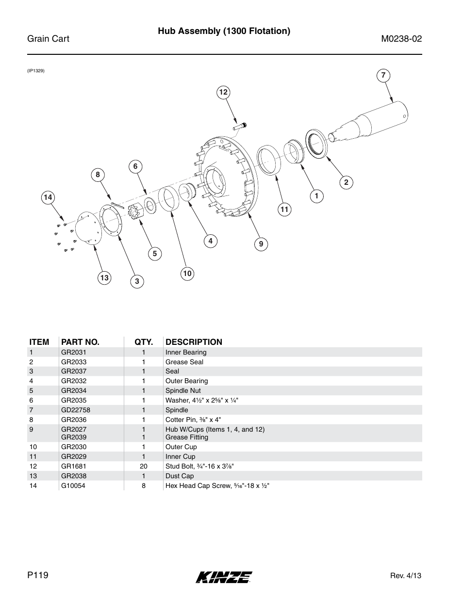 Hub assembly (1300 flotation) | Kinze Grain Carts Rev. 4/14 User Manual | Page 122 / 176