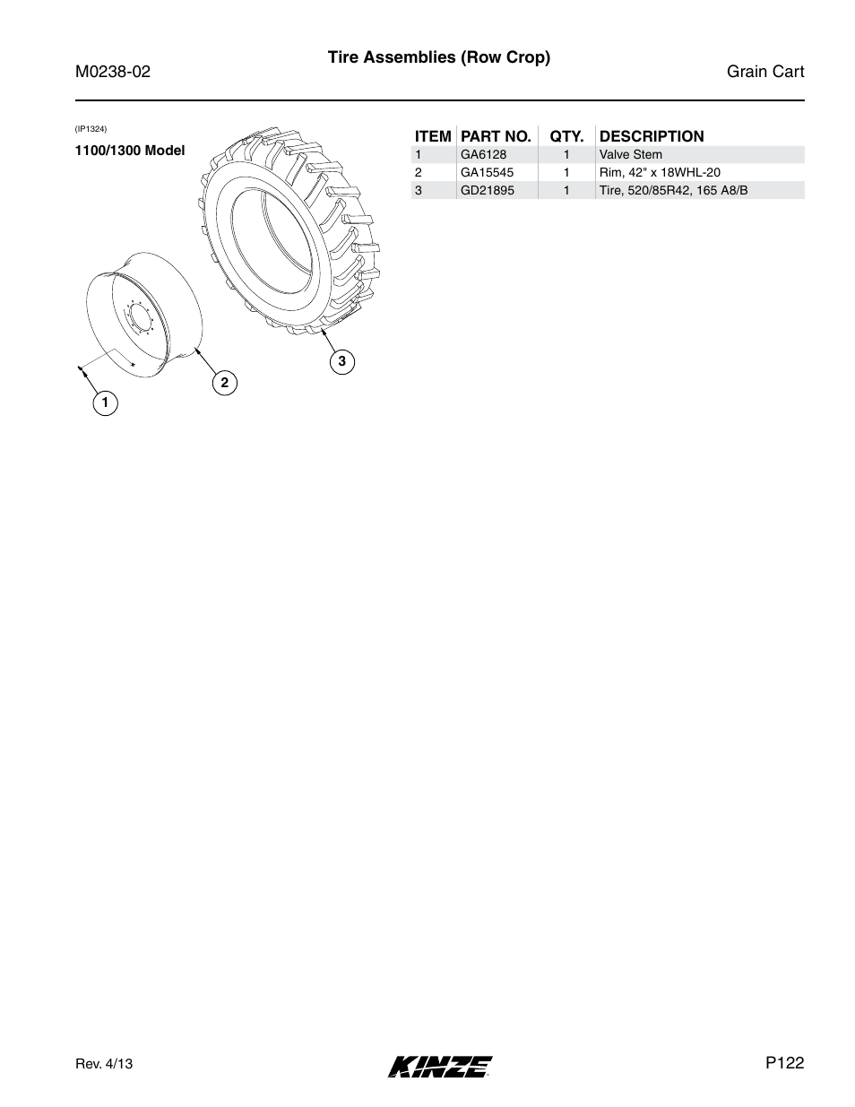 Tire assemblies (row crop), P122 | Kinze Grain Carts Rev. 4/14 User Manual | Page 125 / 176