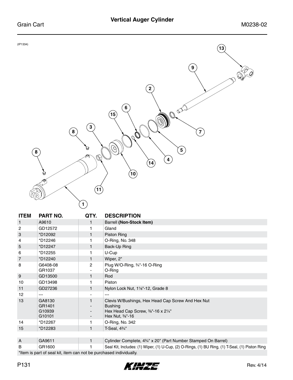 Vertical auger cylinder | Kinze Grain Carts Rev. 4/14 User Manual | Page 134 / 176