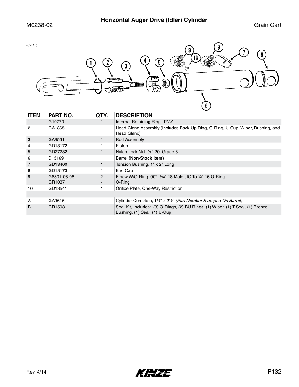 Horizontal auger drive (idler) cylinder, P132 | Kinze Grain Carts Rev. 4/14 User Manual | Page 135 / 176
