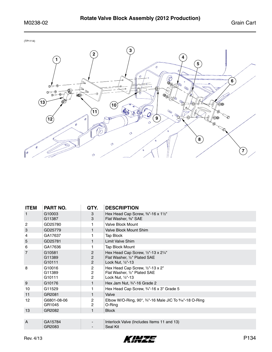 Rotate valve block assembly (2012 production), P134 | Kinze Grain Carts Rev. 4/14 User Manual | Page 137 / 176