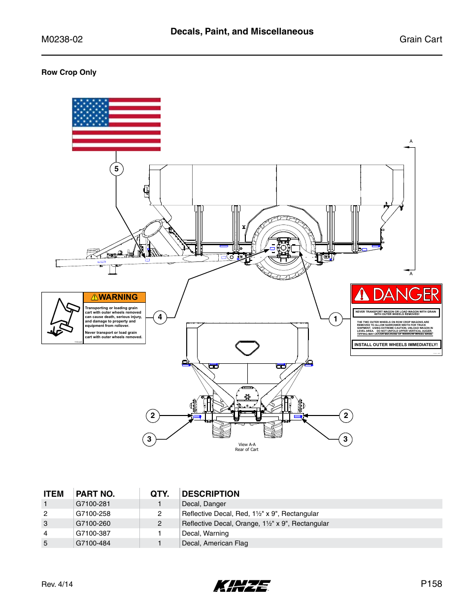 Decals, paint, and miscellaneous, P158, Item part no. qty. description | Warning | Kinze Grain Carts Rev. 4/14 User Manual | Page 161 / 176