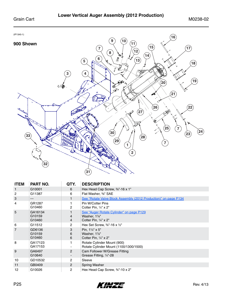 Lower vertical auger assembly (2012 production), 900 shown | Kinze Grain Carts Rev. 4/14 User Manual | Page 28 / 176