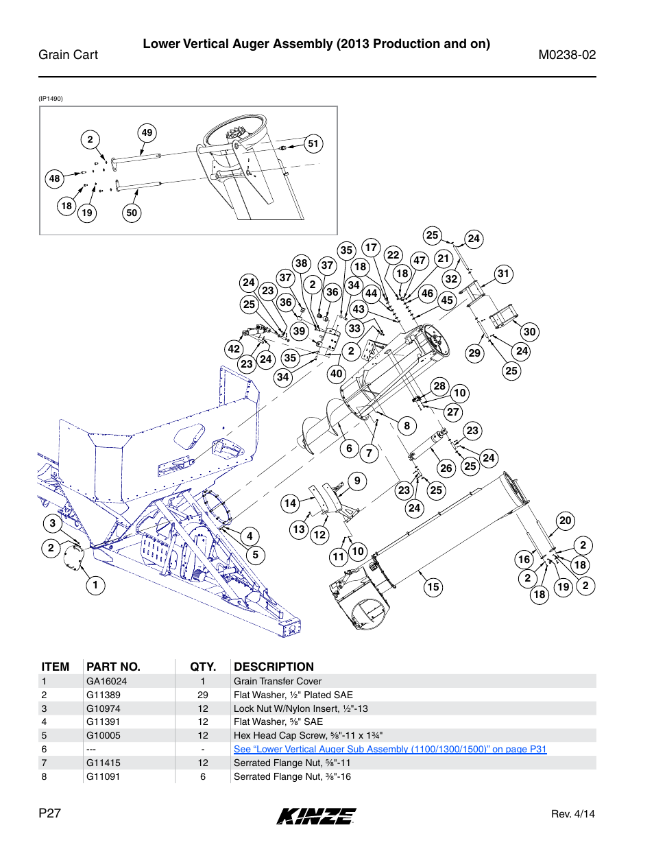 Lower vertical auger assembly | Kinze Grain Carts Rev. 4/14 User Manual | Page 30 / 176