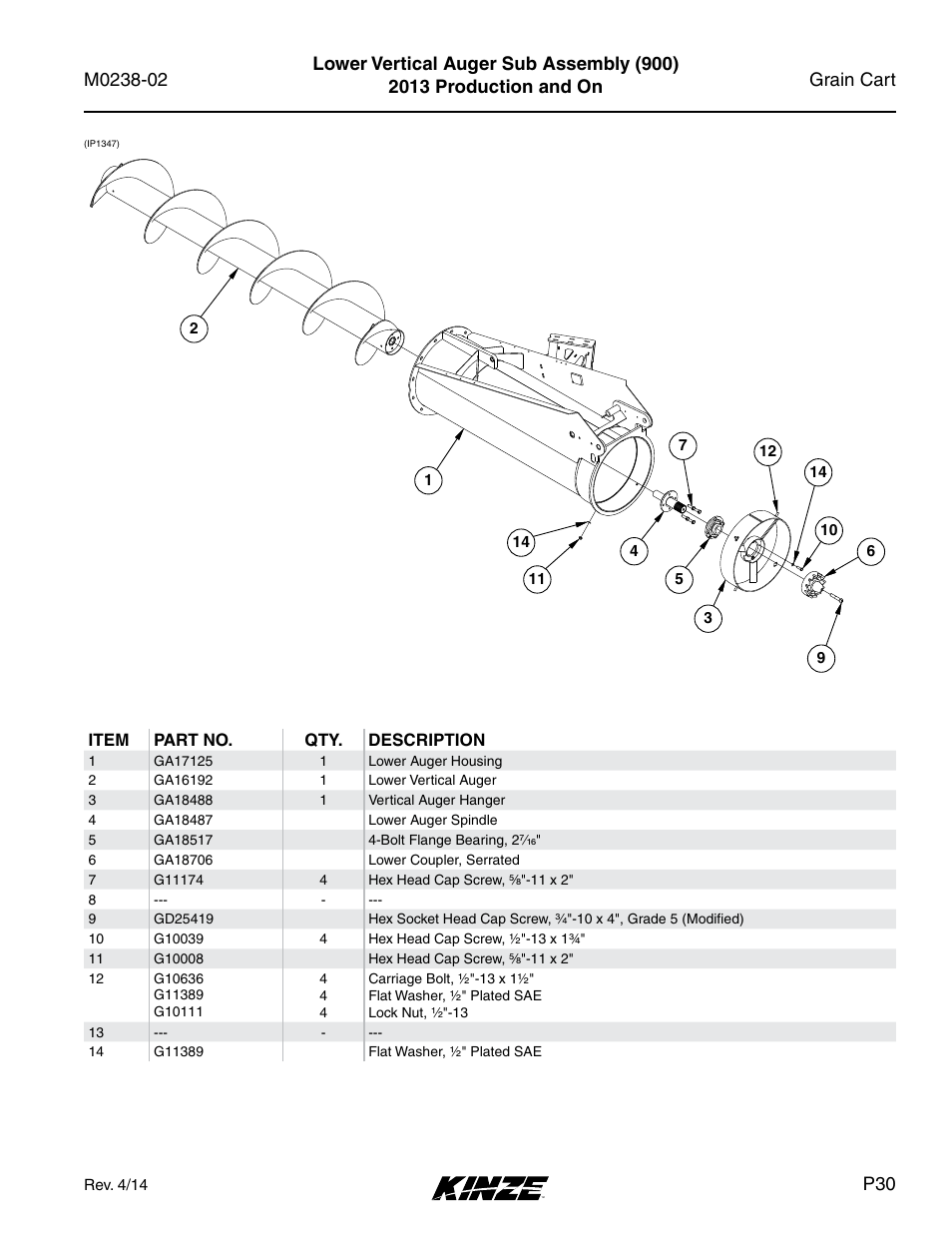 Lower vertical auger sub assembly (900) | Kinze Grain Carts Rev. 4/14 User Manual | Page 33 / 176