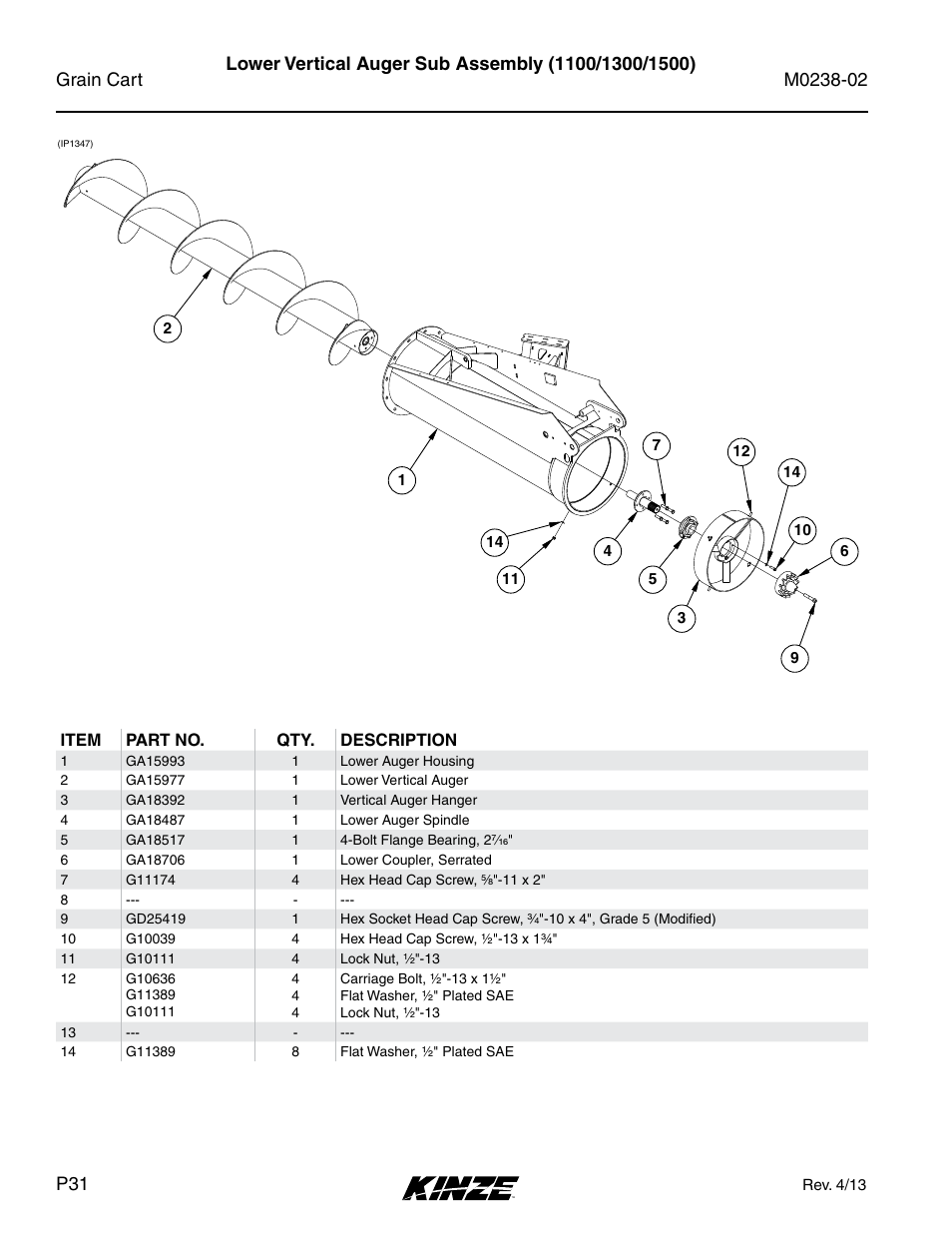Lower vertical auger sub assembly (1100/1300/1500) | Kinze Grain Carts Rev. 4/14 User Manual | Page 34 / 176