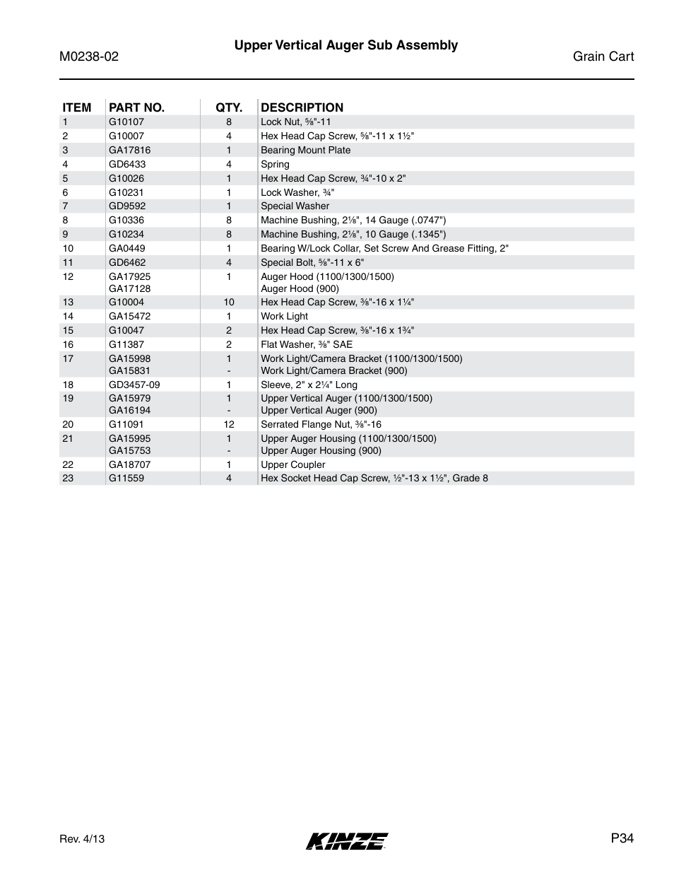 Upper vertical auger sub assembly | Kinze Grain Carts Rev. 4/14 User Manual | Page 37 / 176