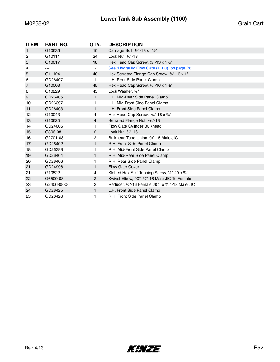 Lower tank sub assembly (1100) | Kinze Grain Carts Rev. 4/14 User Manual | Page 55 / 176