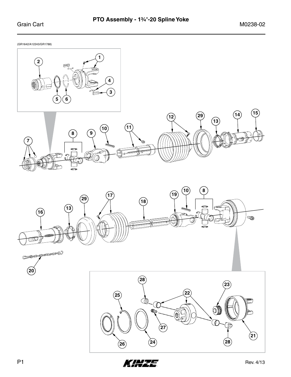 Drive components, Pto assembly - 1¾"-20 spline yoke | Kinze Grain Carts Rev. 4/14 User Manual | Page 6 / 176