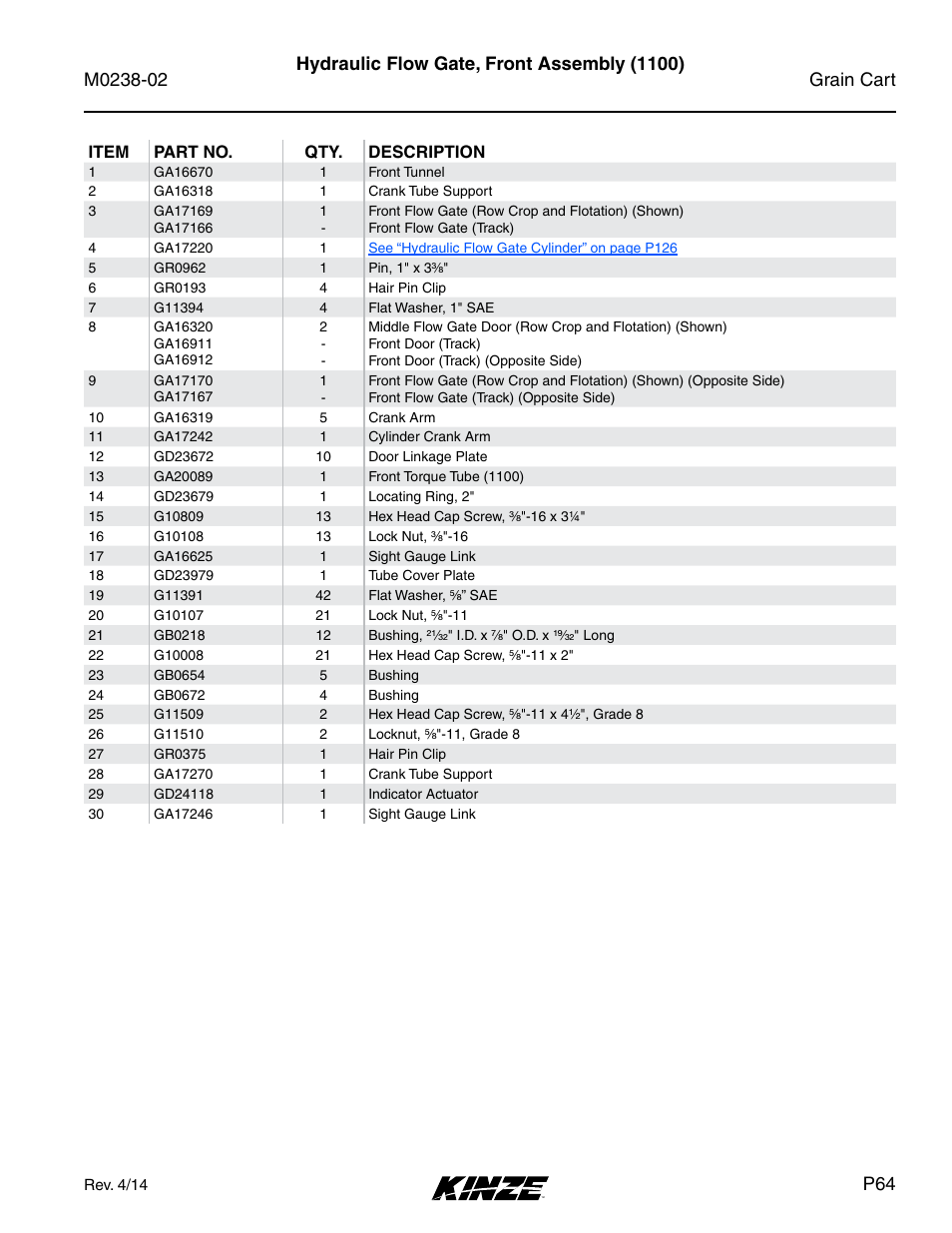 Hydraulic flow gate, front assembly (1100) | Kinze Grain Carts Rev. 4/14 User Manual | Page 67 / 176