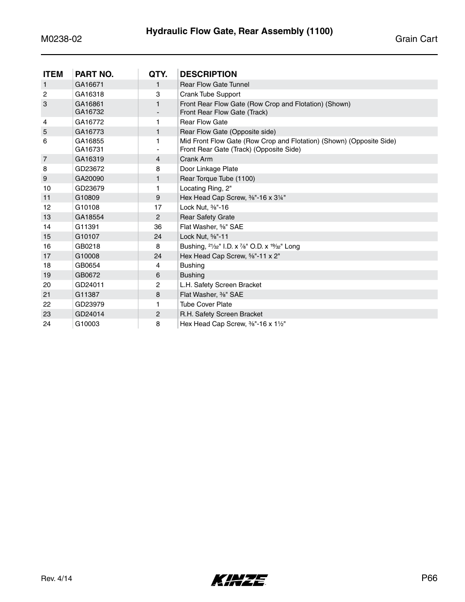 Hydraulic flow gate, rear assembly (1100) | Kinze Grain Carts Rev. 4/14 User Manual | Page 69 / 176