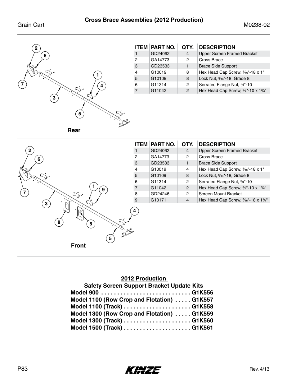 Cross brace assemblies (2012 production) | Kinze Grain Carts Rev. 4/14 User Manual | Page 86 / 176