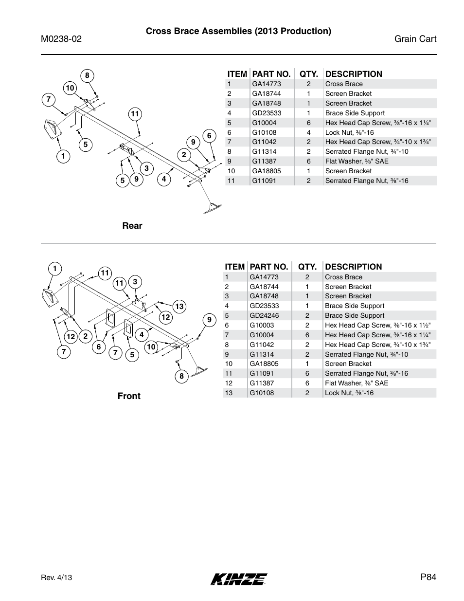 Cross brace assemblies (2013 production), Front rear | Kinze Grain Carts Rev. 4/14 User Manual | Page 87 / 176