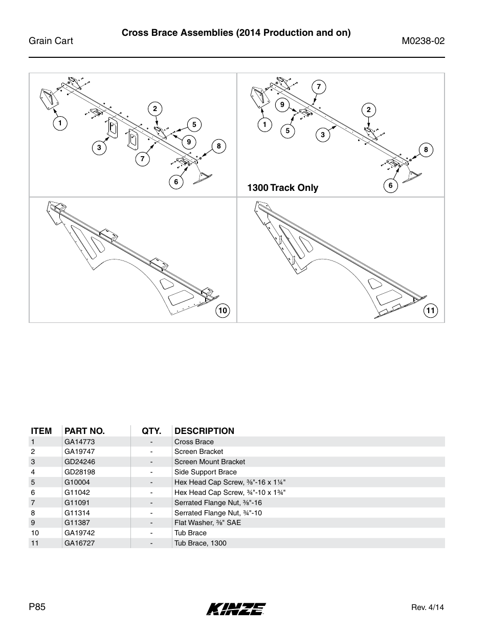Cross brace assemblies (2014 production and on), 1300 track only | Kinze Grain Carts Rev. 4/14 User Manual | Page 88 / 176