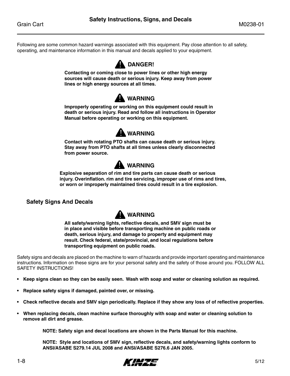 Safety signs and decals, Safety instructions, signs, and decals, Safety signs and decals -8 | Safety instructions, signs, and decals -8 | Kinze Grain Carts Rev. 7/14 User Manual | Page 14 / 70