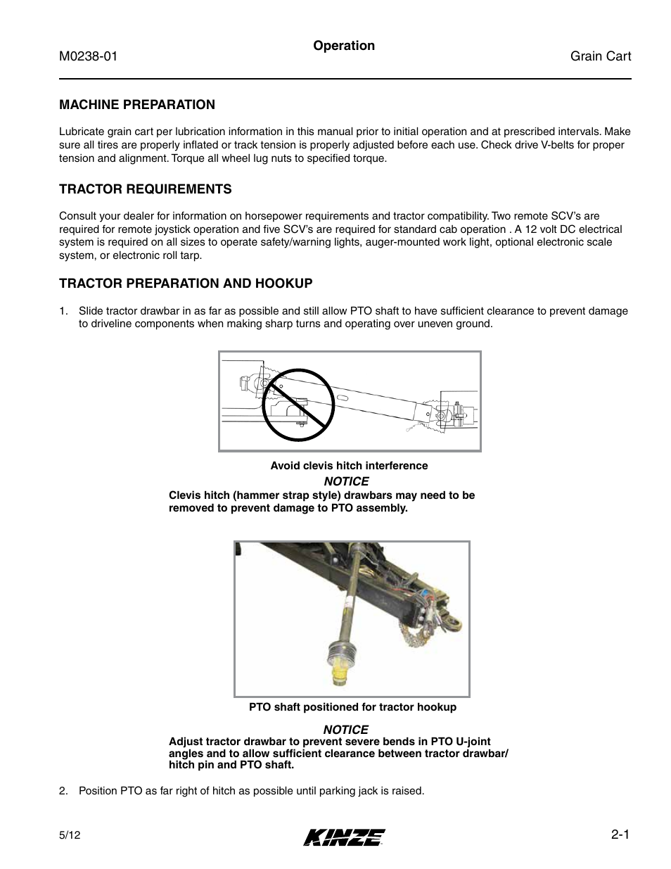 Operation, Machine preparation, Tractor requirements | Tractor preparation and hookup, Machine preparation -1, Tractor requirements -1, Tractor preparation and hookup -1 | Kinze Grain Carts Rev. 7/14 User Manual | Page 15 / 70