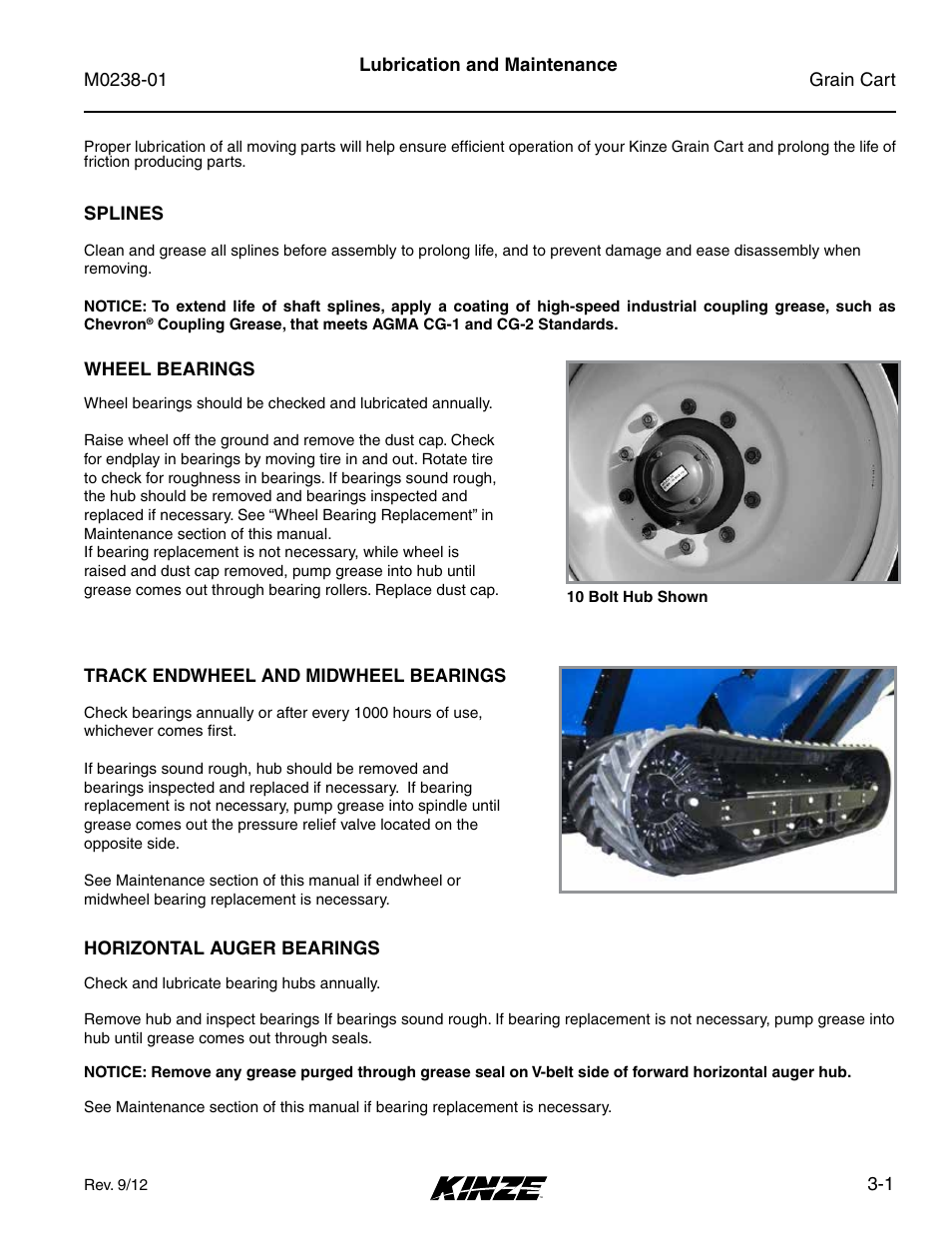 Lubrication and maintenance, Horizontal auger bearings, Splines | Track endwheel and midwheel bearings, Wheel bearings, Horizontal auger bearings -1, Splines -1, Track endwheel and midwheel bearings -1, Wheel bearings -1 | Kinze Grain Carts Rev. 7/14 User Manual | Page 37 / 70