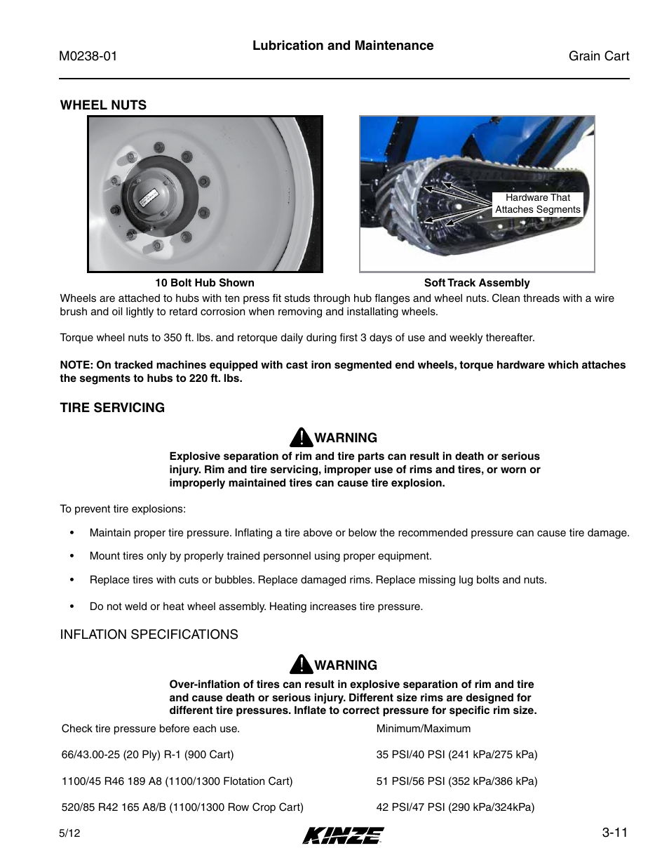 Tire servicing, Wheel nuts, Tire servicing -11 | Wheel nuts -11 | Kinze Grain Carts Rev. 7/14 User Manual | Page 47 / 70