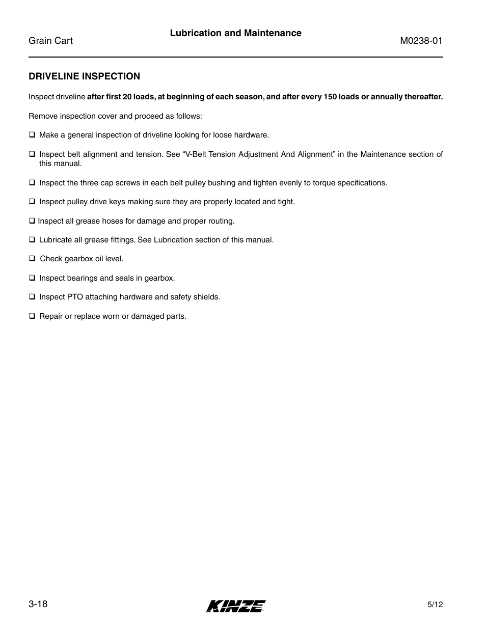 Driveline inspection, Driveline inspection -18 | Kinze Grain Carts Rev. 7/14 User Manual | Page 54 / 70