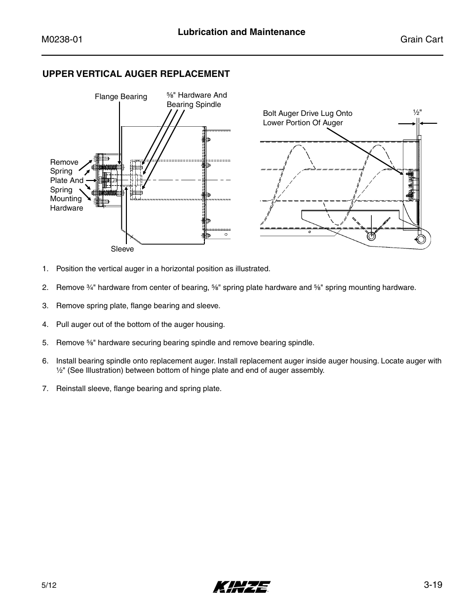 Upper vertical auger replacement, Upper vertical auger replacement -19 | Kinze Grain Carts Rev. 7/14 User Manual | Page 55 / 70