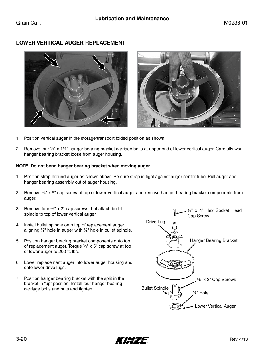 Lower vertical auger replacement, Lower vertical auger replacement -20 | Kinze Grain Carts Rev. 7/14 User Manual | Page 56 / 70