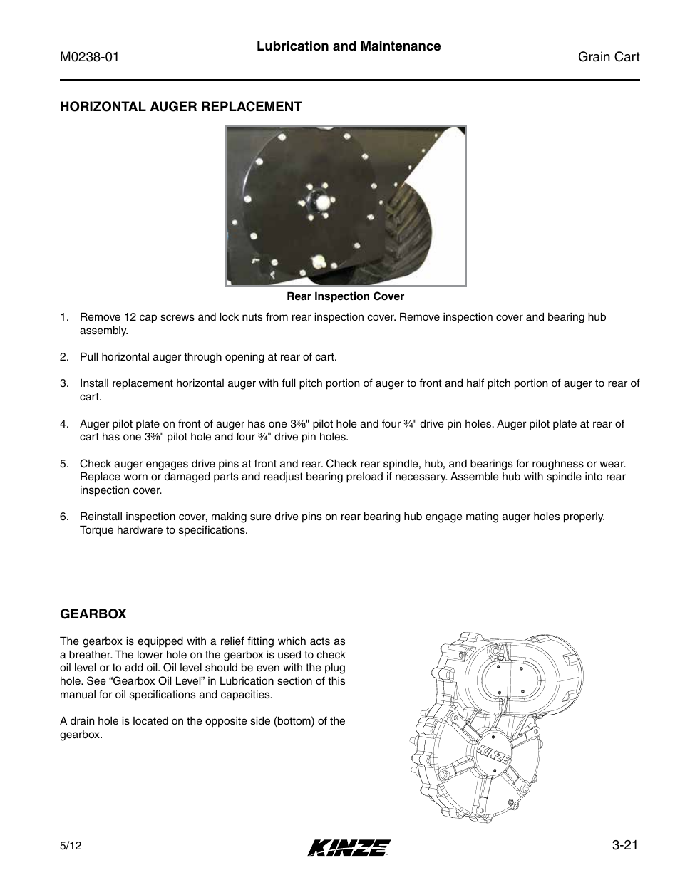 Gearbox, Horizontal auger replacement, Gearbox -21 | Horizontal auger replacement -21 | Kinze Grain Carts Rev. 7/14 User Manual | Page 57 / 70