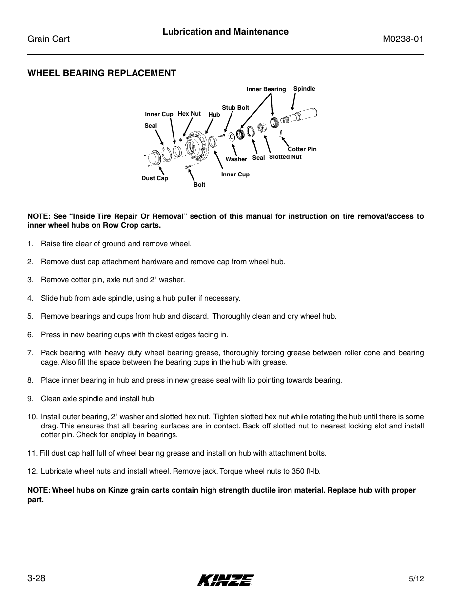 Wheel bearing replacement, Wheel bearing replacement -28, Lubrication and maintenance | Kinze Grain Carts Rev. 7/14 User Manual | Page 64 / 70