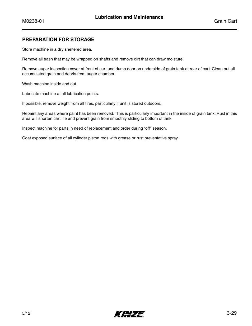 Preparation for storage, Preparation for storage -29 | Kinze Grain Carts Rev. 7/14 User Manual | Page 65 / 70