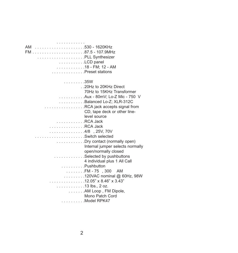 Specifications | Bogen RM-350D User Manual | Page 2 / 11
