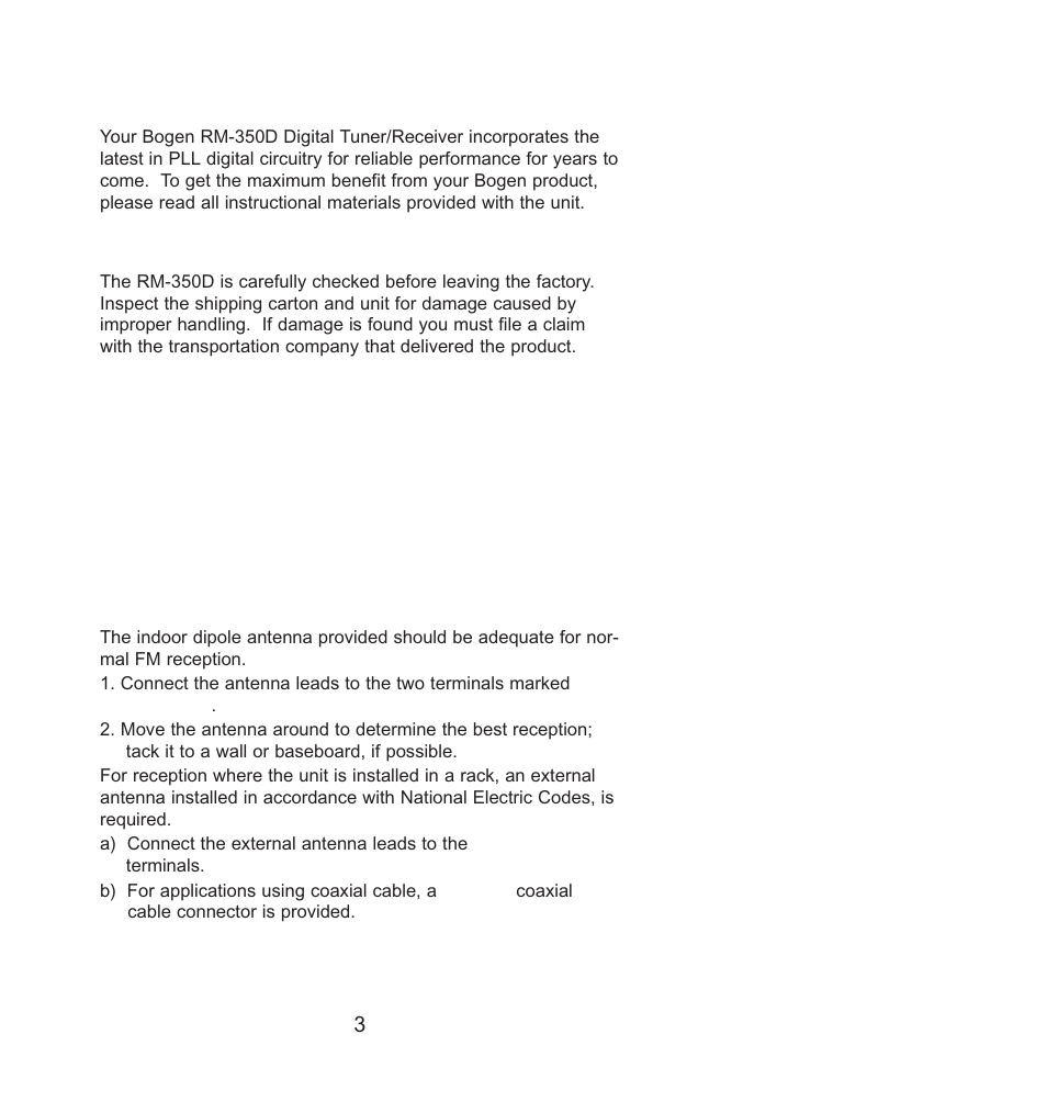 Before you begin, Unpacking, Antenna connection | Bogen RM-350D User Manual | Page 3 / 11