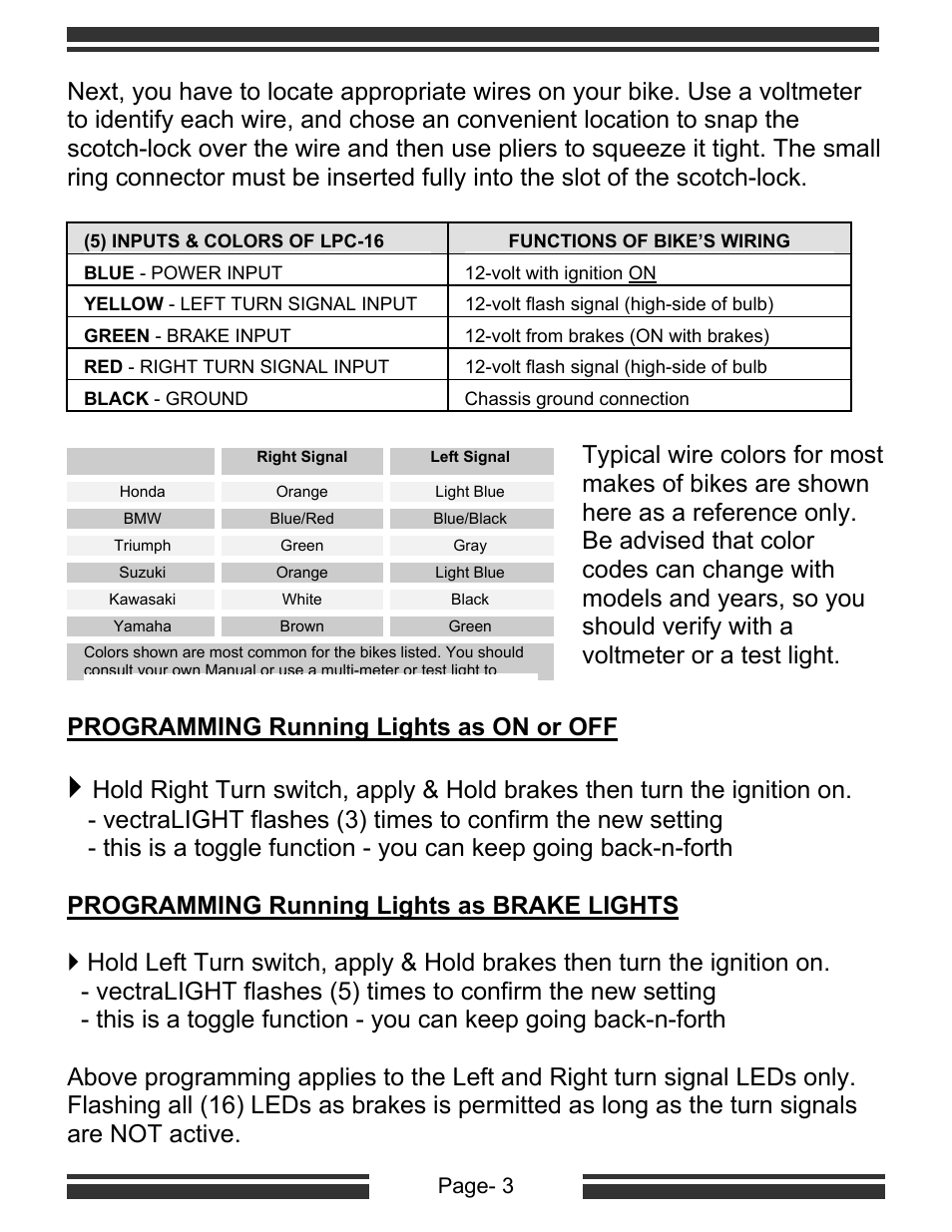 Programming running lights as on or off, Page- 3 | Kisan Electronics VL-20 User Manual | Page 5 / 18