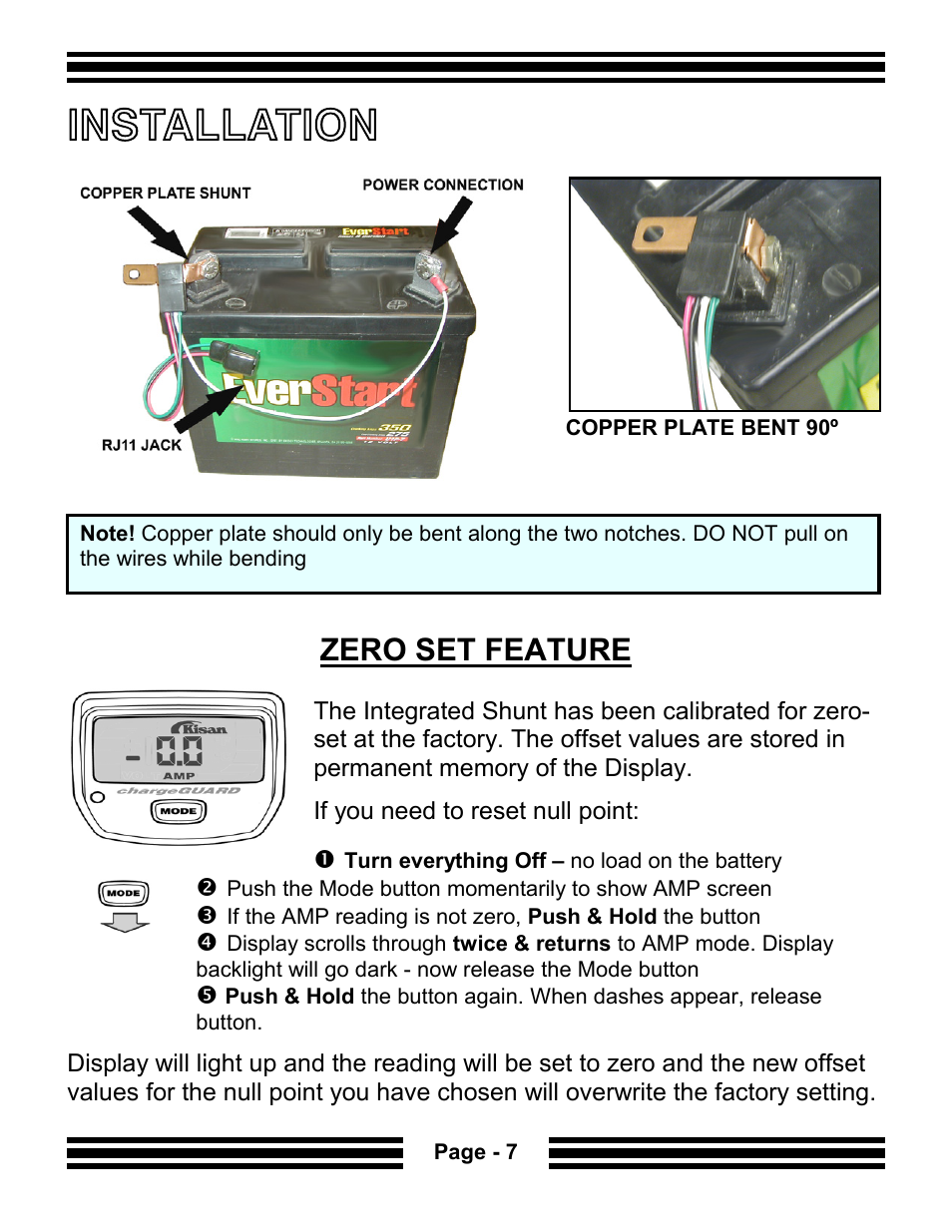 Installation, Zero set feature | Kisan Electronics CG-10 User Manual | Page 9 / 18