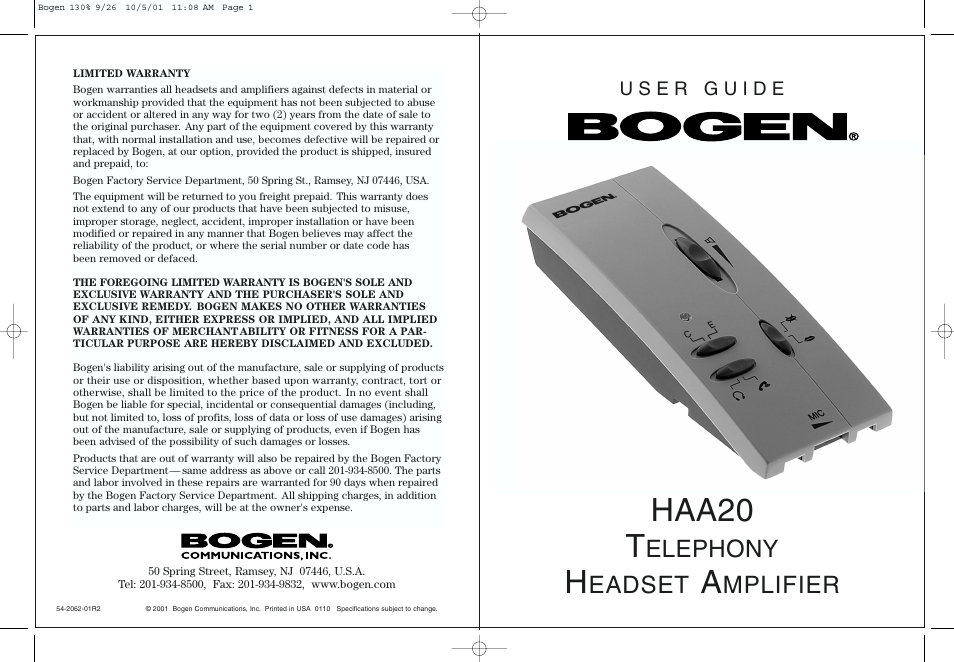 Haa20 t, Elephony, Eadset | Mplifier | Bogen HAA20 User Manual | Page 8 / 8