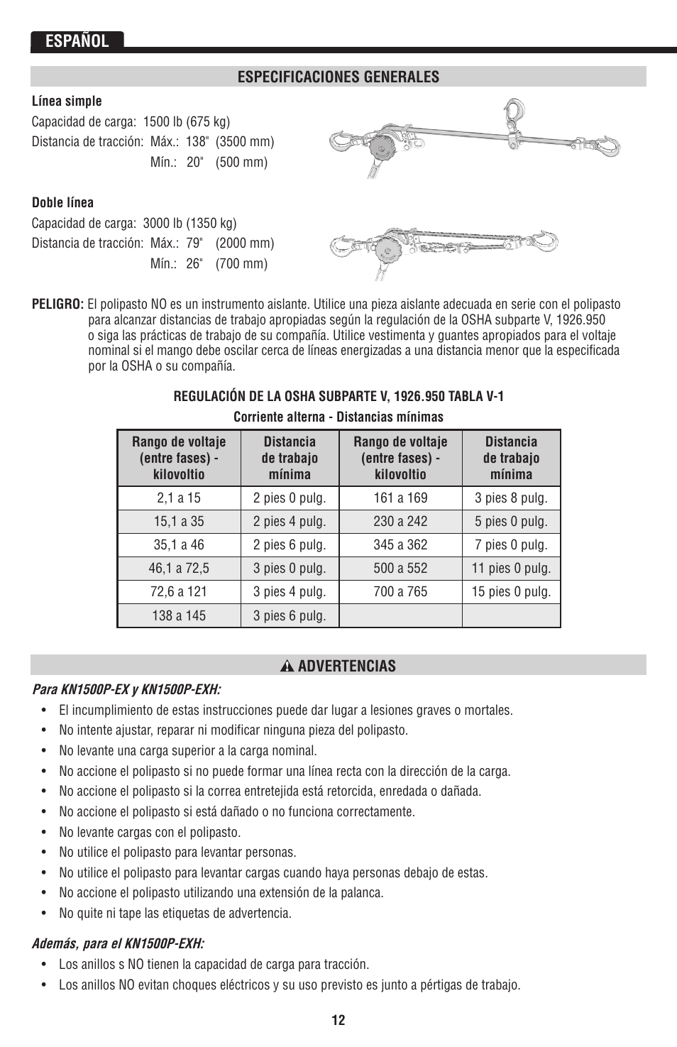Español | Klein Tools KN1500PEXH User Manual | Page 12 / 44