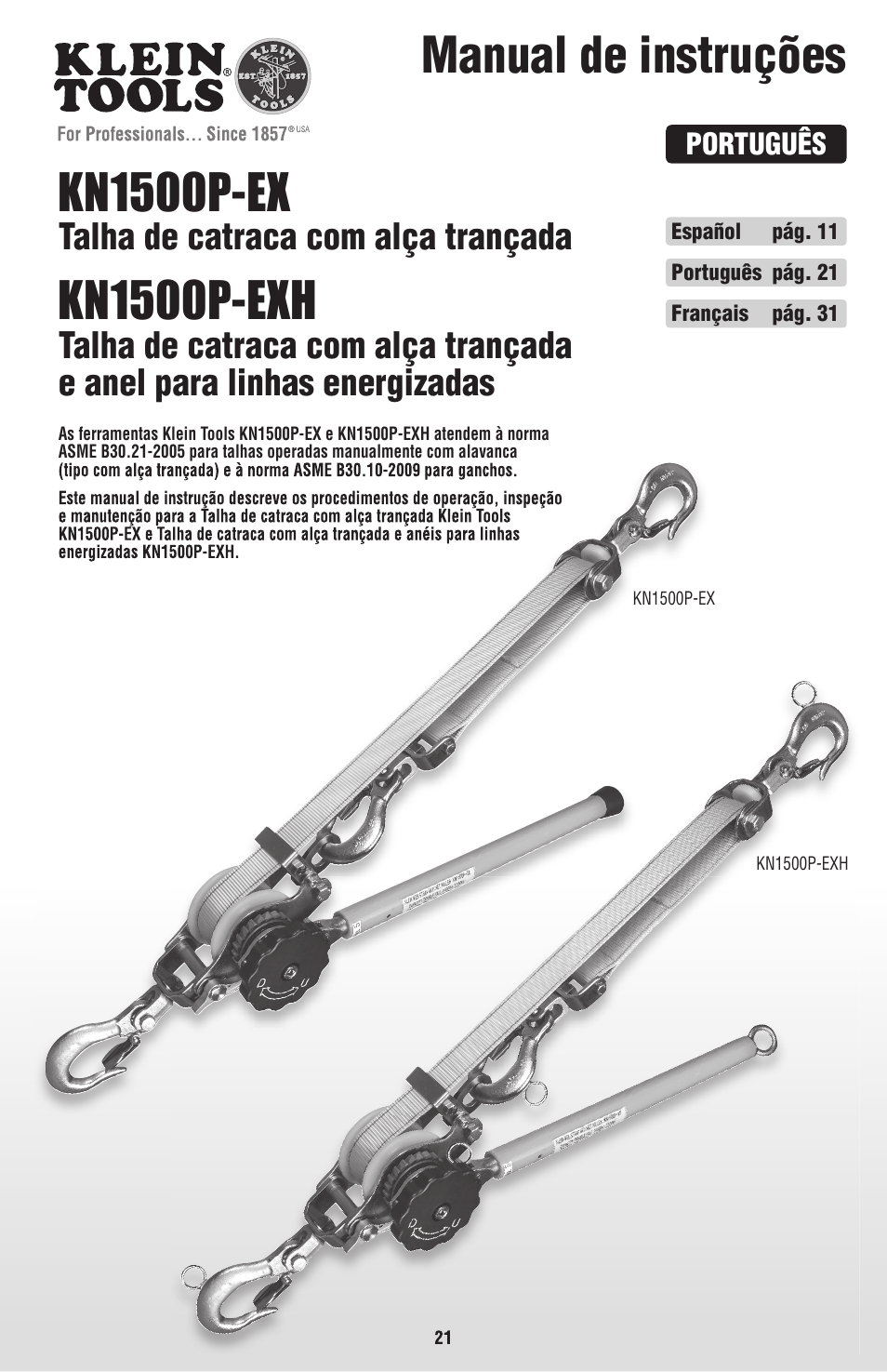 Português, Manual de instruções kn1500p-ex, Kn1500p-exh | Talha de catraca com alça trançada | Klein Tools KN1500PEXH User Manual | Page 21 / 44