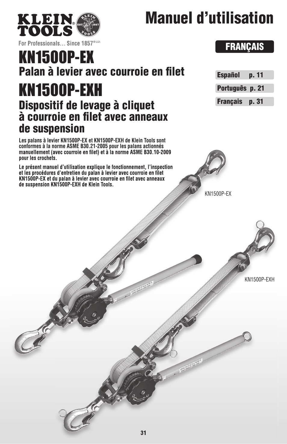 Français, Manuel d’utilisation kn1500p-ex, Kn1500p-exh | Palan à levier avec courroie en fi let | Klein Tools KN1500PEXH User Manual | Page 31 / 44