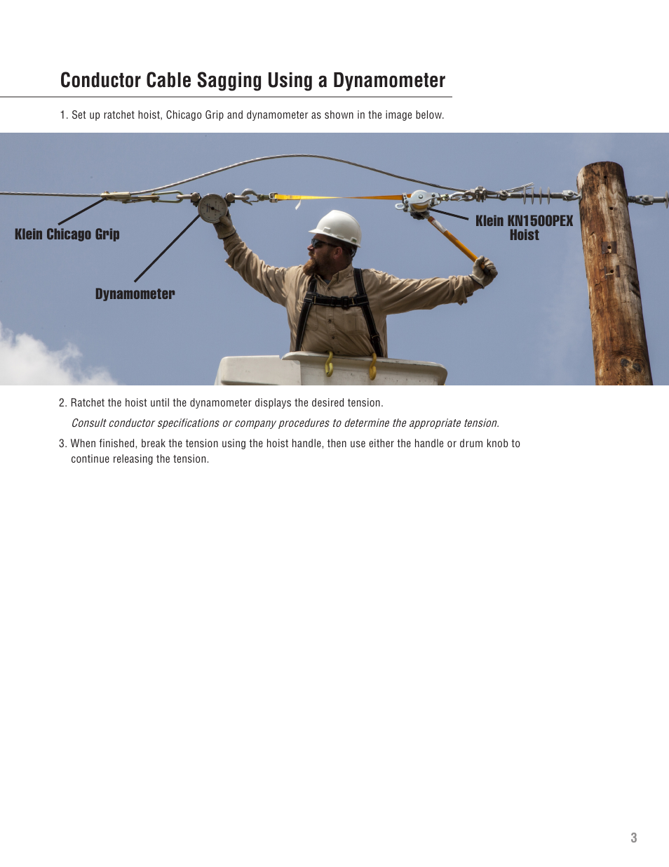 Conductor cable sagging using a dynamometer | Klein Tools Chicago Grips User Manual | Page 3 / 6