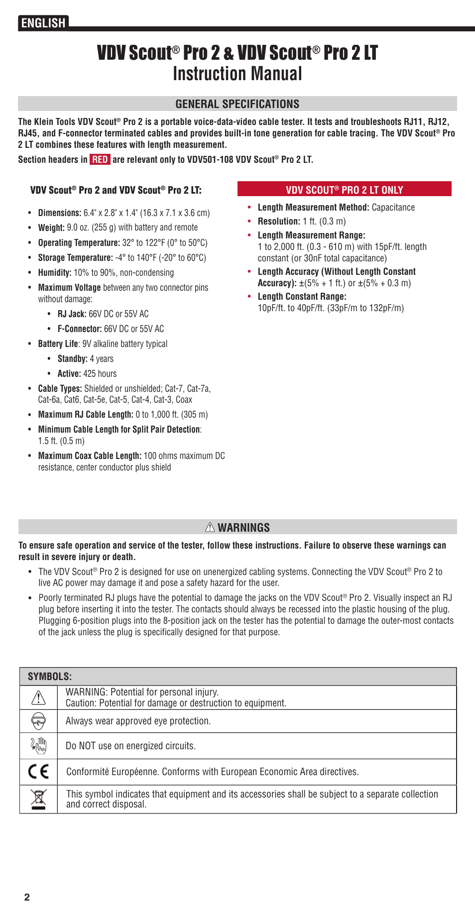 Vdv scout, Pro 2 & vdv scout, Pro 2 lt | Instruction manual, English | Klein Tools VDV501-823 User Manual | Page 2 / 14