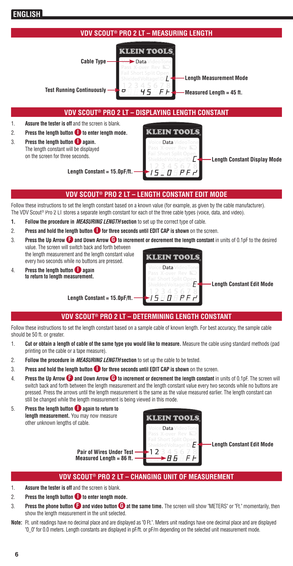 English, Vdv scout, Pro 2 lt – measuring length | Pro 2 lt – displaying length constant, Pro 2 lt – length constant edit mode, Pro 2 lt – determining length constant, Pro 2 lt – changing unit of measurement | Klein Tools VDV501-823 User Manual | Page 6 / 14