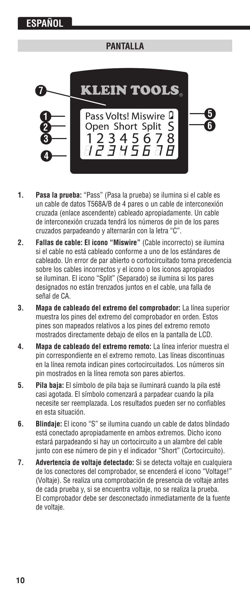 Español, Pantalla | Klein Tools VDV526-052 User Manual | Page 10 / 24