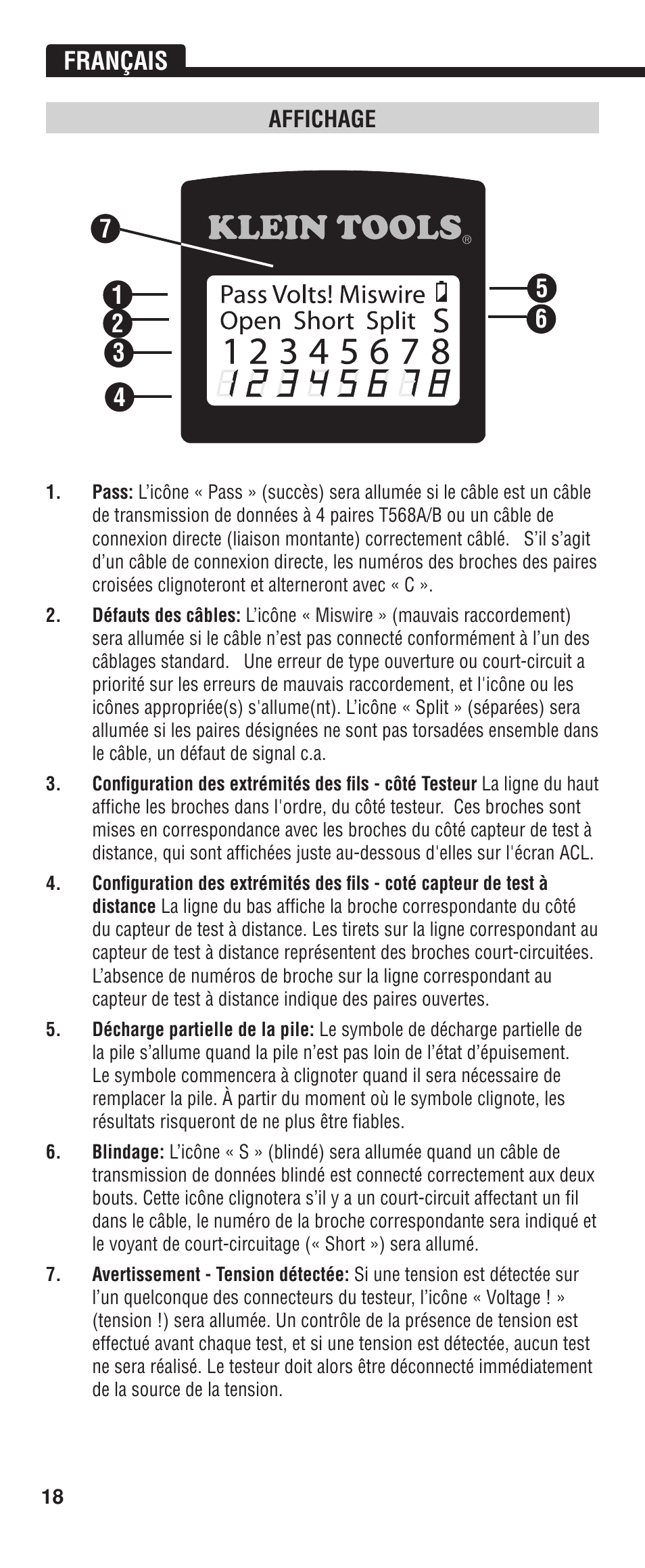 Français, Affichage | Klein Tools VDV526-052 User Manual | Page 18 / 24