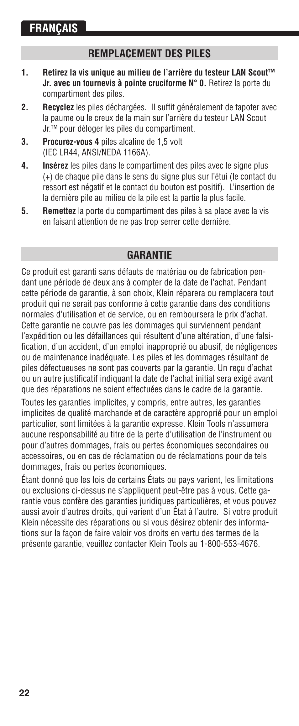 Français, Remplacement des piles, Garantie | Klein Tools VDV526-052 User Manual | Page 22 / 24