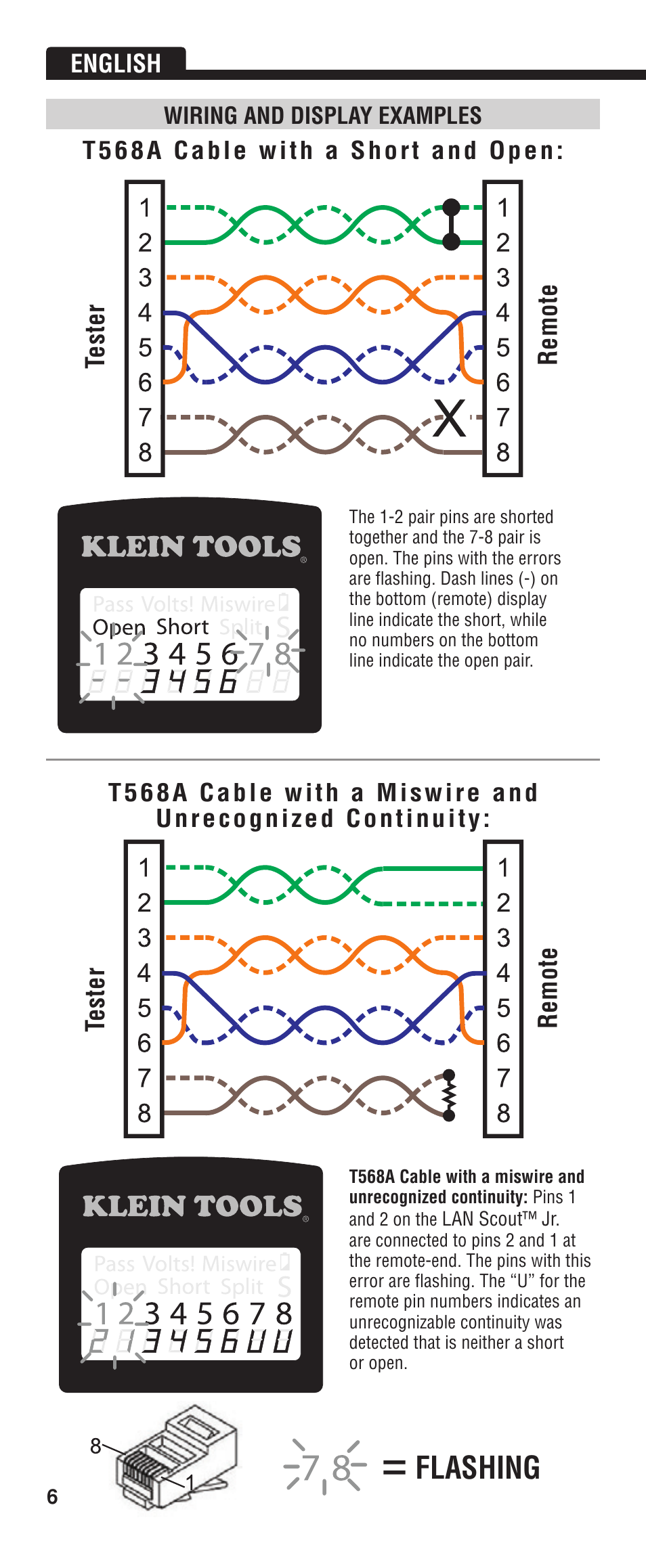 Flashing, Te st er r em ot e te st er r em ot e, English | Klein Tools VDV526-052 User Manual | Page 6 / 24