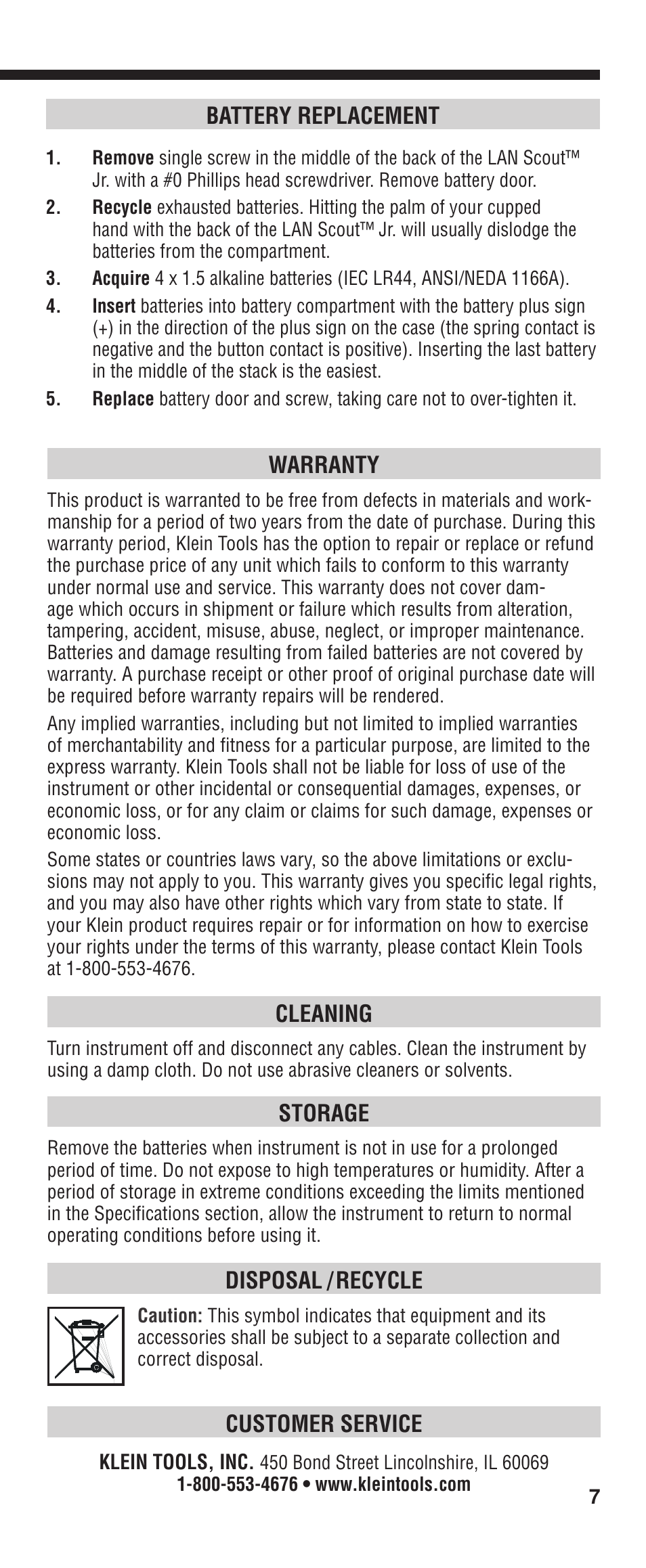 Flashing, Customer service, Battery replacement | Warranty, Cleaning, Storage, Disposal / recycle | Klein Tools VDV526-052 User Manual | Page 7 / 24