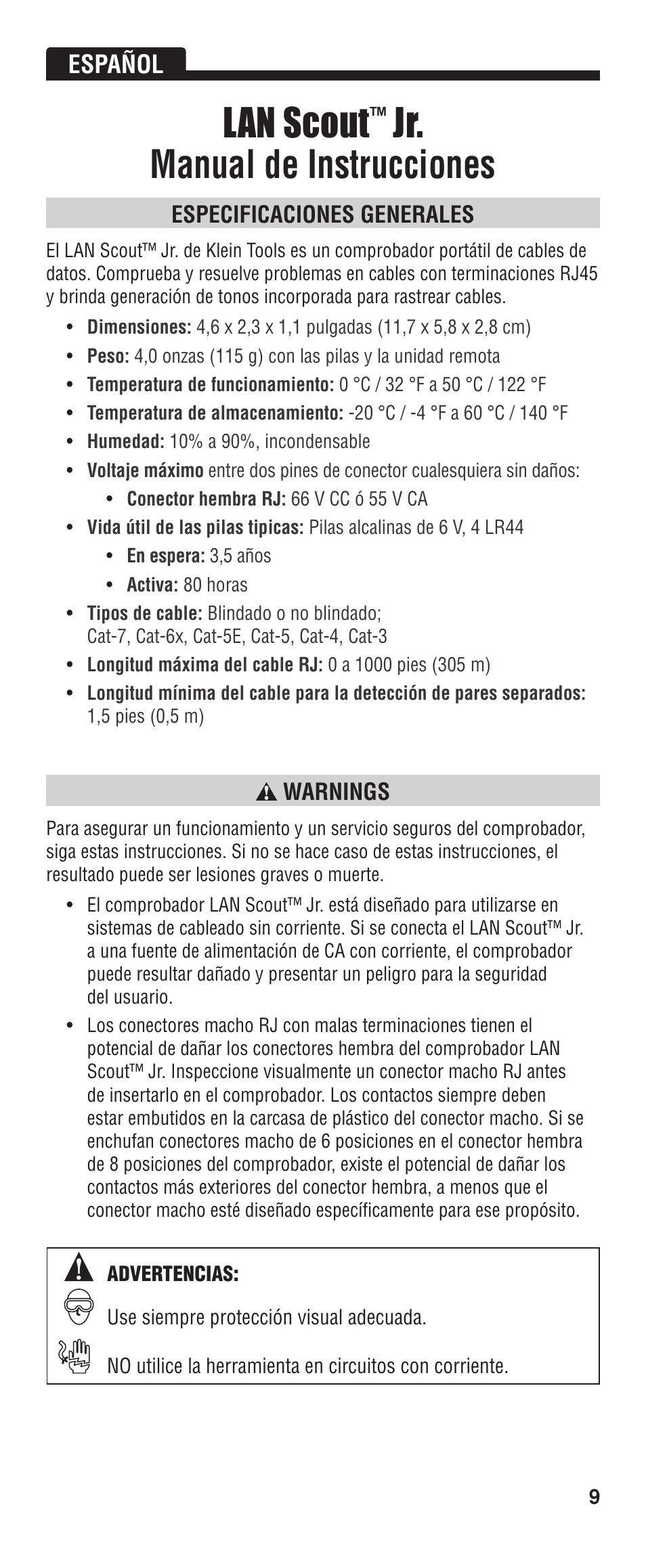 Lan scout, Jr. manual de instrucciones, Español | Klein Tools VDV526-052 User Manual | Page 9 / 24