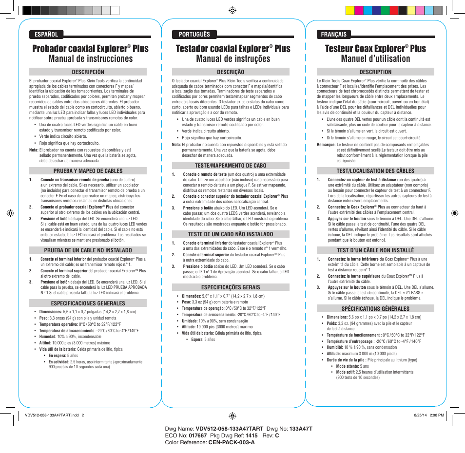 Español, Probador coaxial explorer, Plus manual de instruções testeur coax explorer | Plus manuel d’utilisation, Español português français | Klein Tools VDV512-058 User Manual | Page 2 / 4