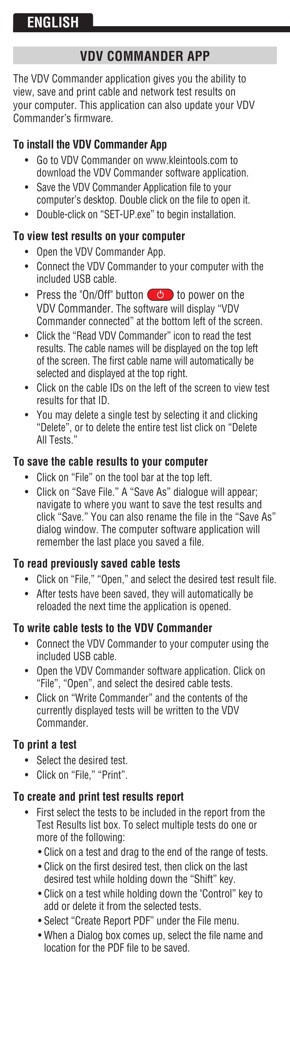 English, Vdv commander app | Klein Tools VDV501828 User Manual | Page 10 / 12