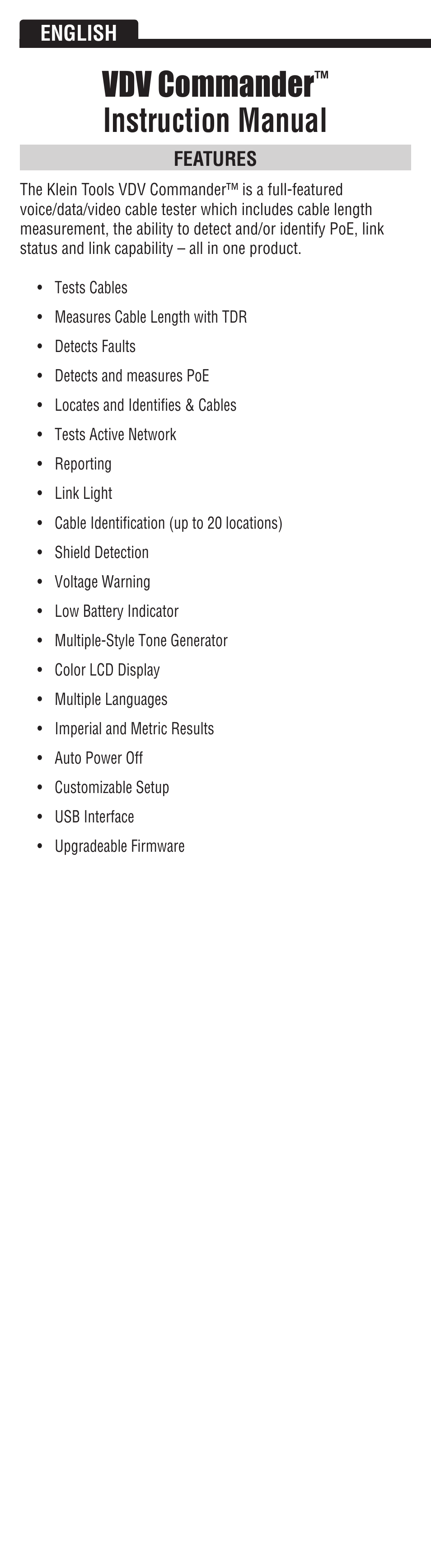 Vdv commander, Instruction manual | Klein Tools VDV501828 User Manual | Page 2 / 12